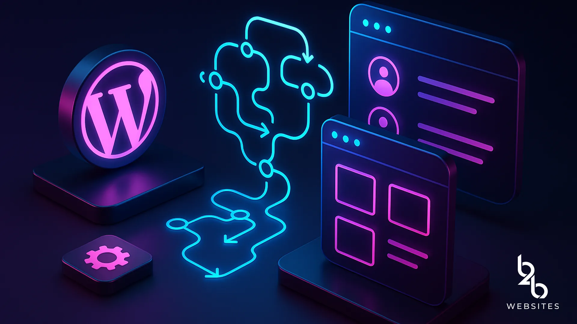 WordPress process flow with dashboard UI and neon connection diagram.