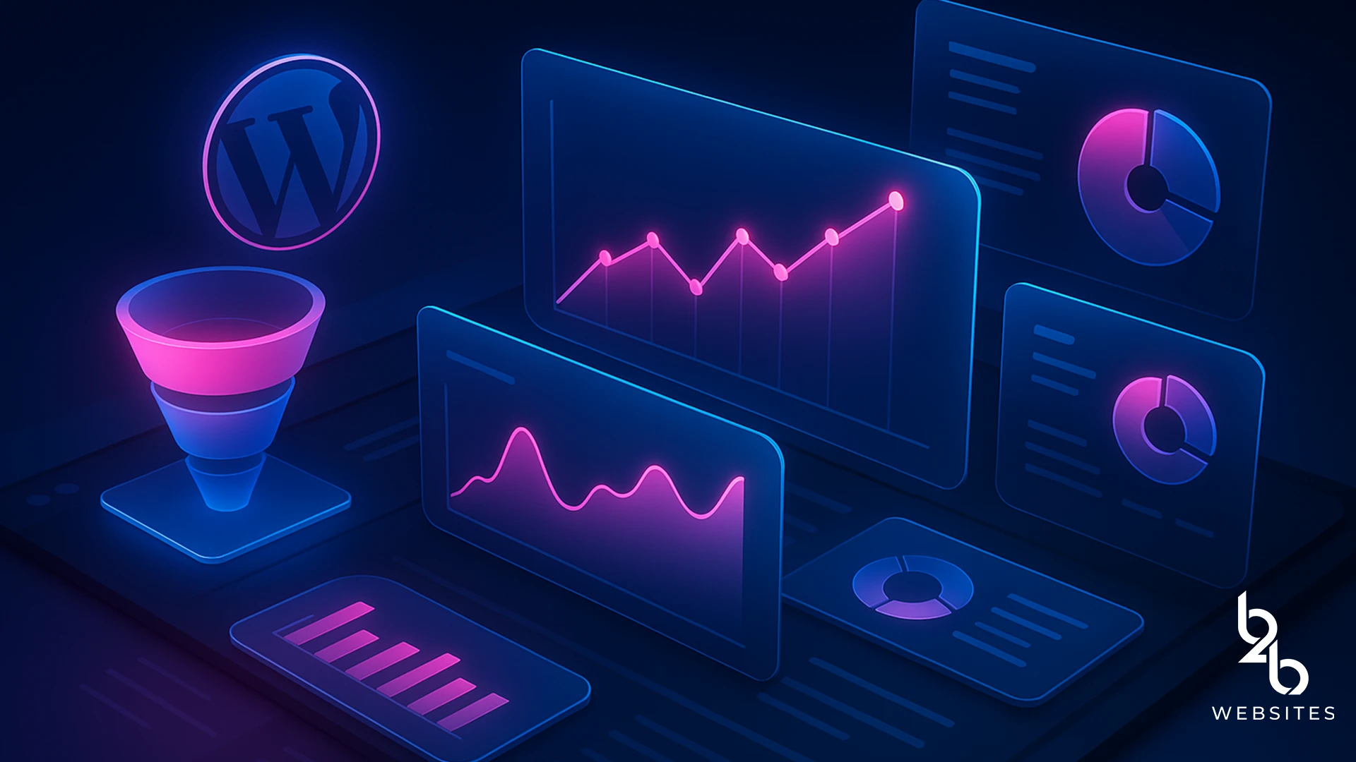 Dashboard interface with WordPress logo and funnel icon surrounded by data visualizations in neon style.