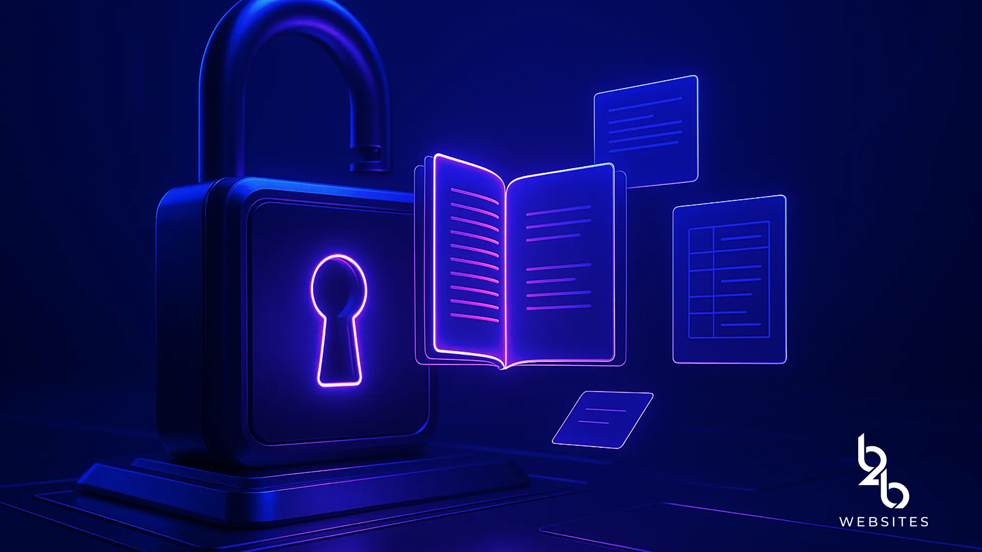 Neon illustration of secure access to digital documents with lock and open book icons.