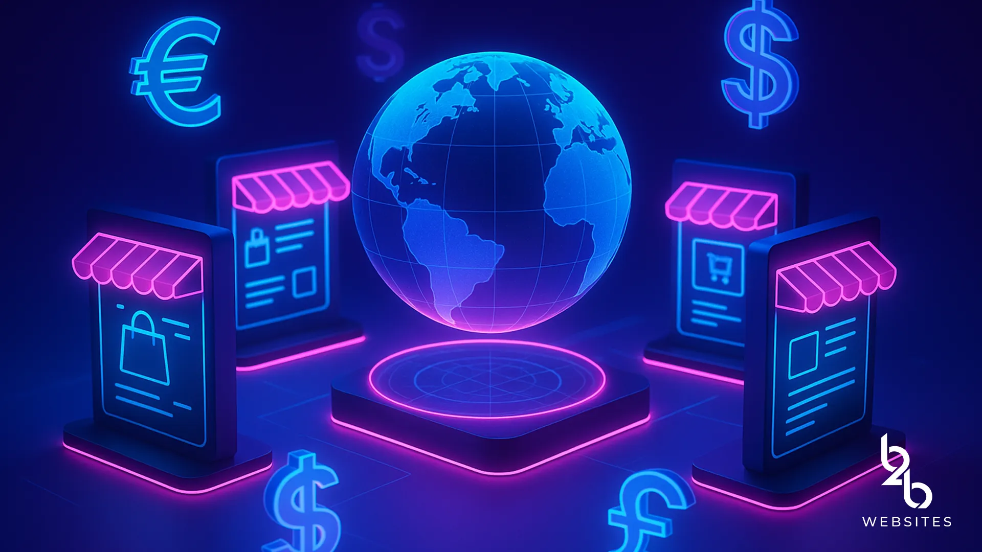3D neon illustration of global ecommerce storefronts and currency symbols around a digital globe.