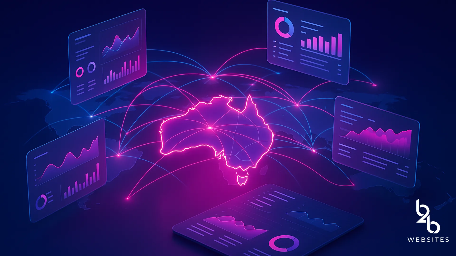 Australia-shaped digital network hub with glowing data dashboards and analytics charts in a global map background.