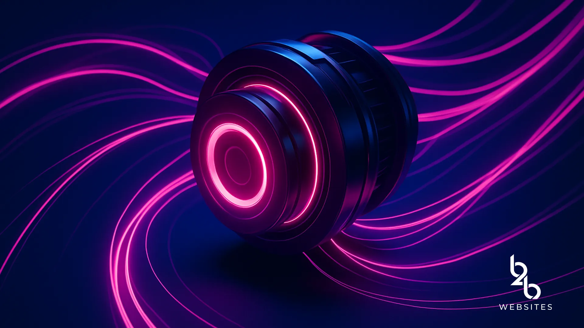 Futuristic lens surrounded by vibrant pink tech lines on dark background.