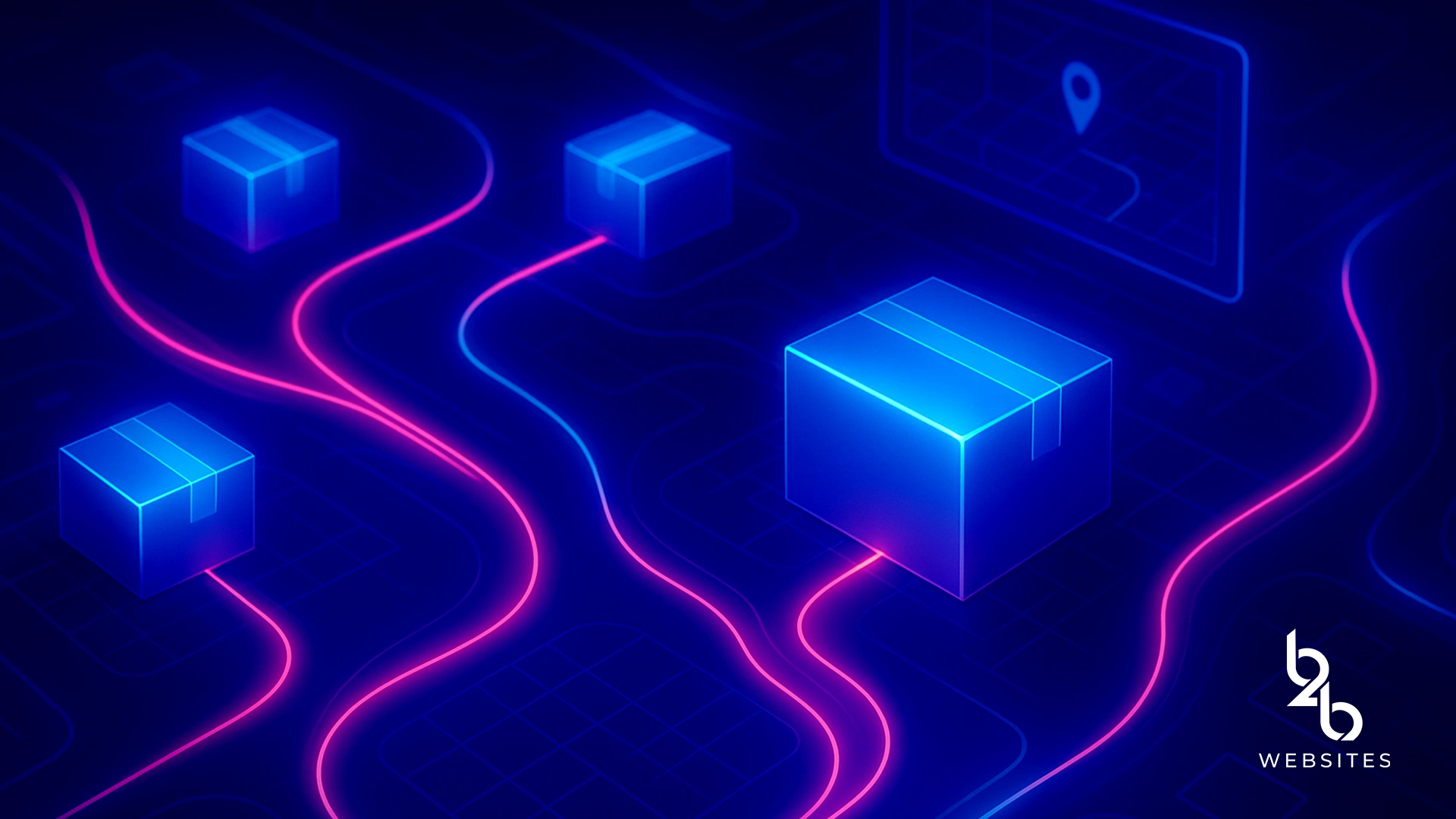 Boxes on glowing routes over a digital map, showing parcel movement for shipping and logistics.