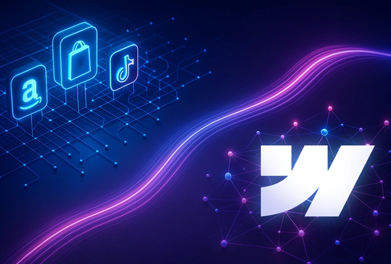 Neon icons for Amazon, a shopping bag and TikTok on a digital network next to the Webflow logo with glowing link nodes, showing multi-channel sales and scalability context.