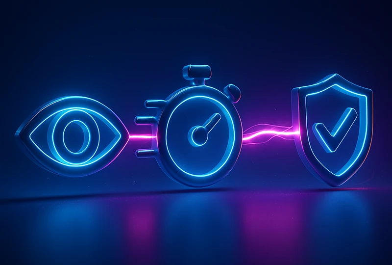 Neon icons of an eye, stopwatch, and shield connected by glowing lines, showing visibility, speed, and security for a high-trust B2B website experience.