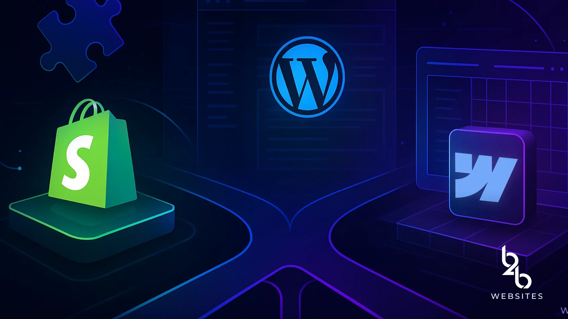 Shopify, WordPress and Webflow logos on a split digital background, showing a crossroads choice for building a B2B website.