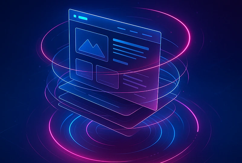 Neon layered web page interface with swirling digital rings, showing an evolving website layout with continuous updates and optimisation.