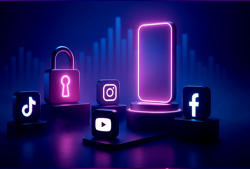 TikTok, Instagram, YouTube and Facebook icons with a padlock and phone showing social media regulation in Australia.
