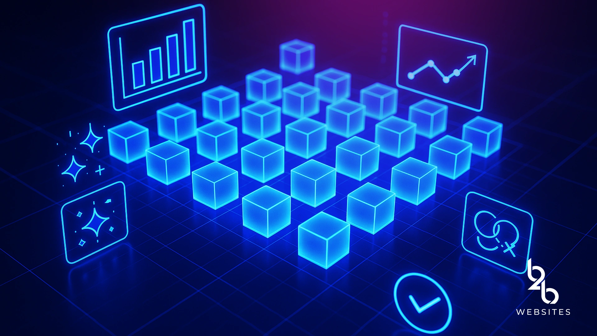Neon grid of glowing digital cubes with surrounding icons for charts, cleaning and verification on a dark tech-style background.