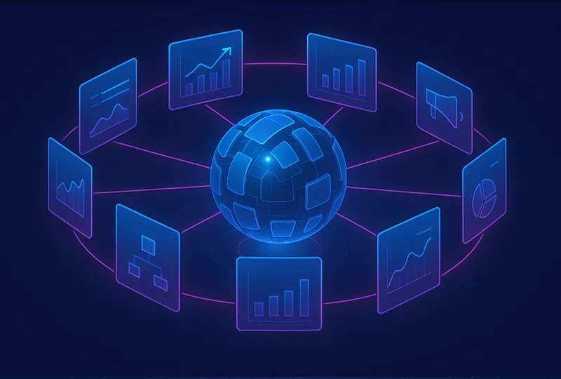 Neon digital globe linked to surrounding panels with charts and graphs, showing connected data sources used for tracking and reporting performance.