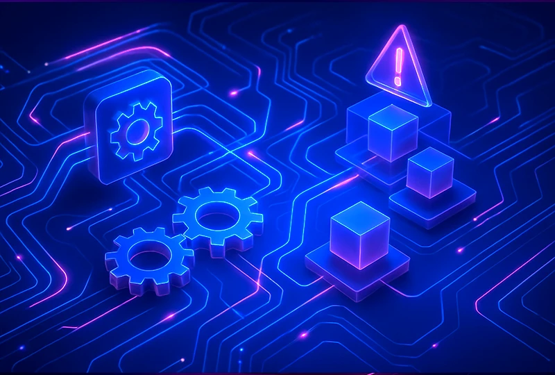 Neon gears and warning icons on a digital circuit background showing project workflow risks and timeline management.