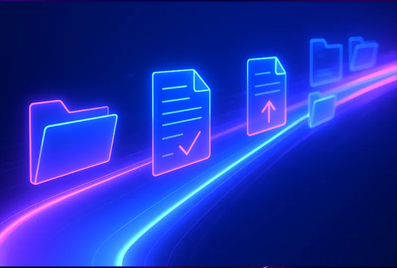 Neon folder and document icons on a digital path showing organised content files and streamlined approvals to keep content moving.