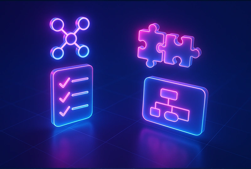 Custom web design discovery shown with neon icons of a checklist, connection nodes, puzzle pieces and a site flow chart, highlighting what businesses clarify early.