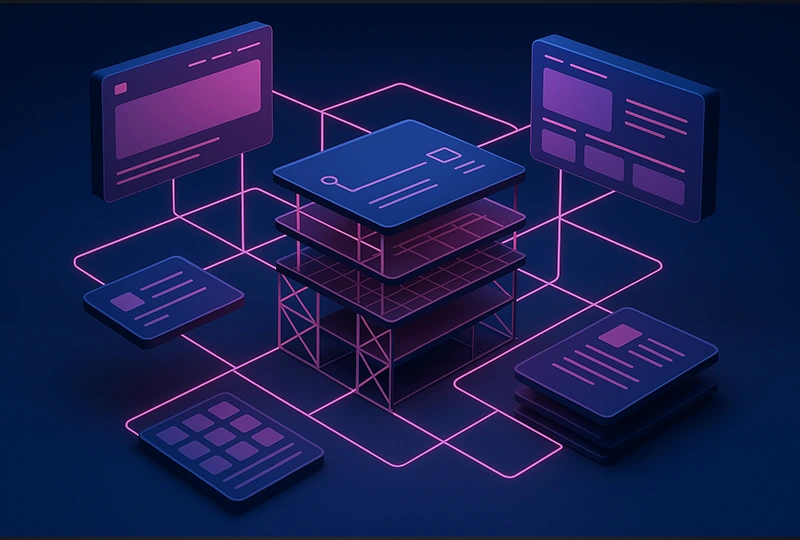 Custom web design shown with a glowing multi-layer website cube and neon interface icons, reflecting pages that need more planning and complex layouts.