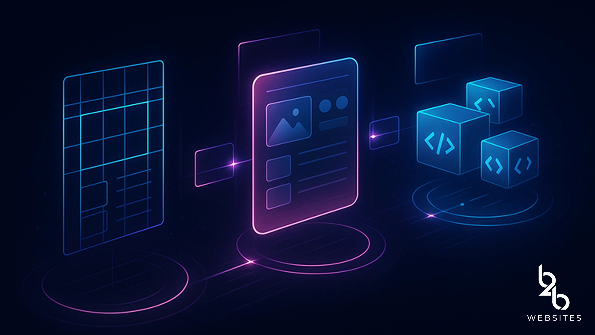 Custom web design shown with a glowing layered website cube and neon workflow icons, highlighting how each stage of the design process contributes to total cost.