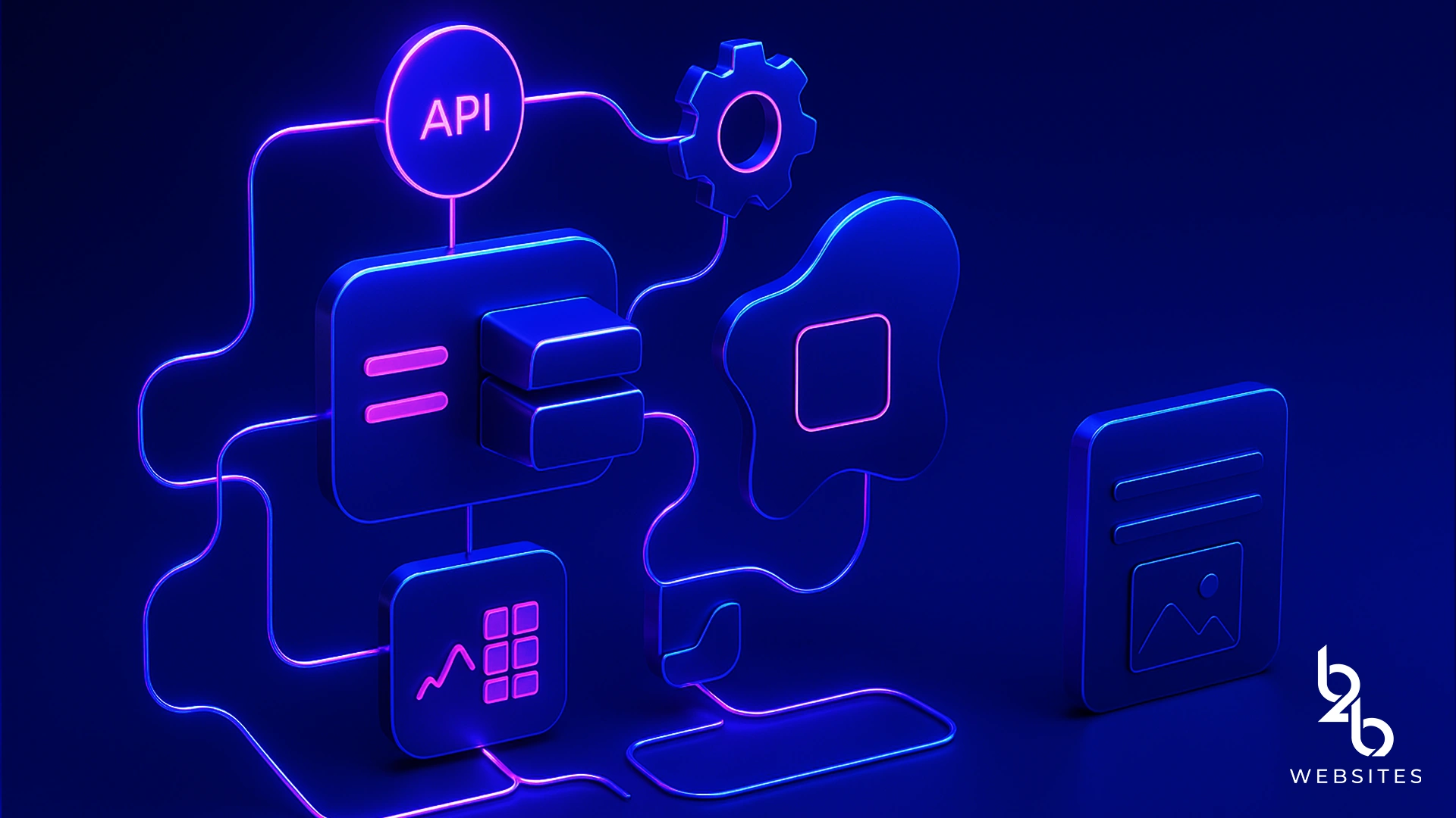 Custom web design shown with neon API, gear and interface elements connected in a flexible layout, highlighting custom feature capability.
