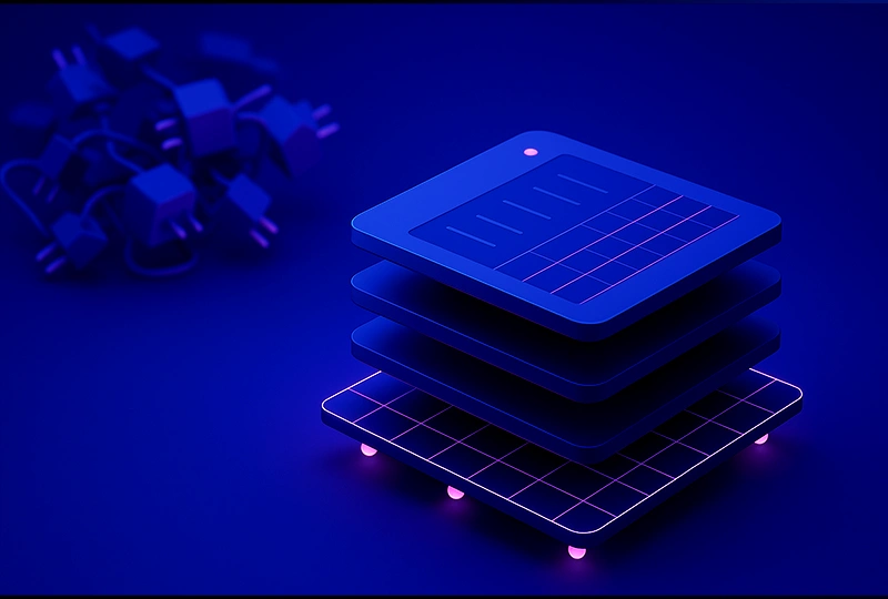 Custom web design shown with neat stacked interface layers beside tangled plugins, highlighting cleaner maintenance and fewer dependency issues.