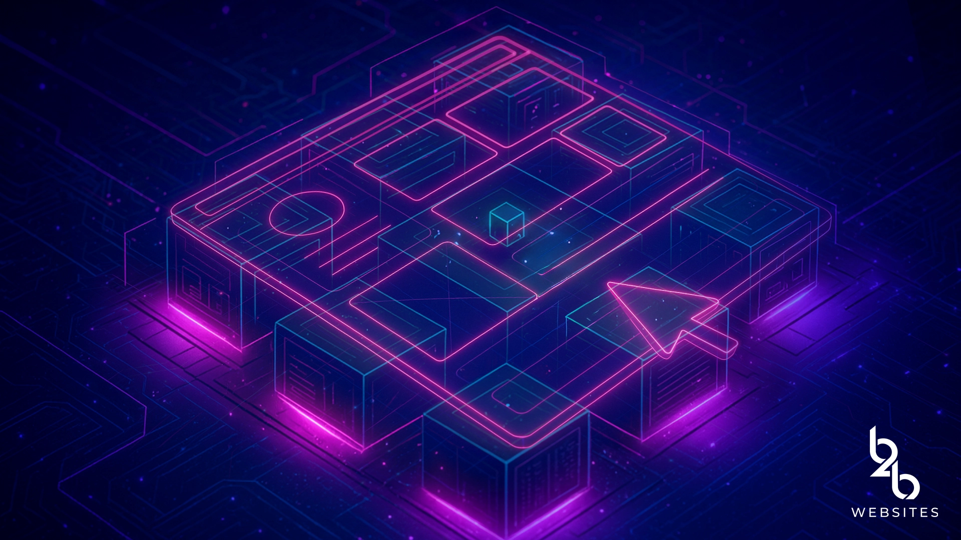 Custom web design shown as modular site blocks with a navigation arrow, highlighting scalability and value for small businesses.