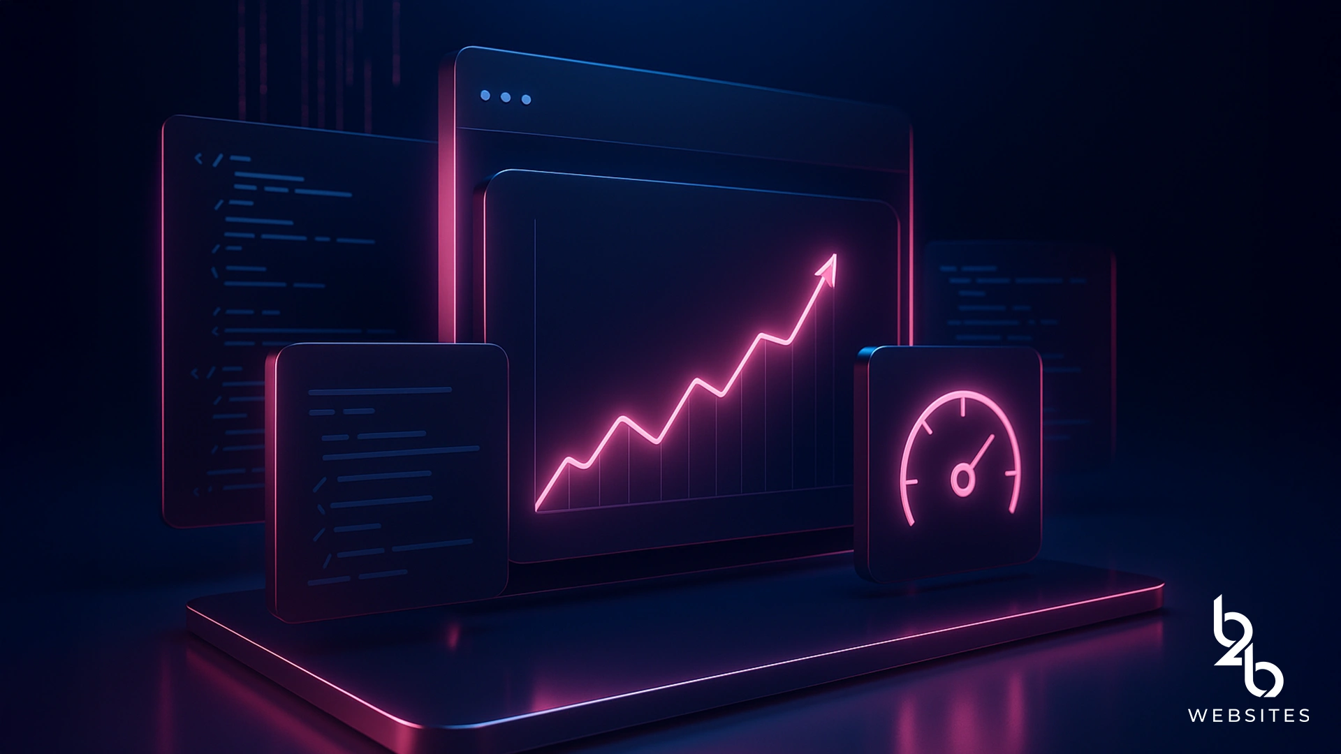 Custom web design dashboard showing performance analytics, site speed metrics, and growth trends that support SEO for small businesses.