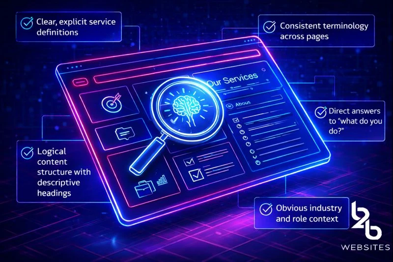 Business website page showing clear service definitions, structured headings, consistent terminology, and direct answers for AI assessment.