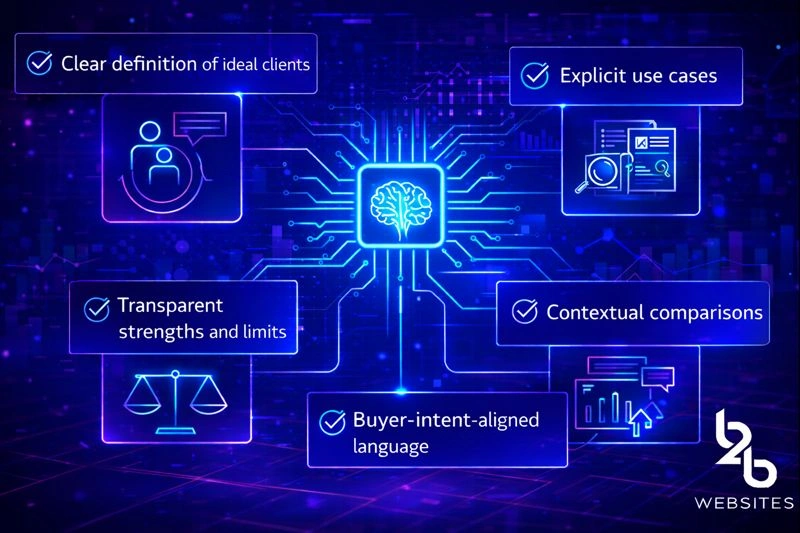 Website content framework showing ideal clients, use cases, strengths, comparisons, and buyer intent signals that support AI recommendations.