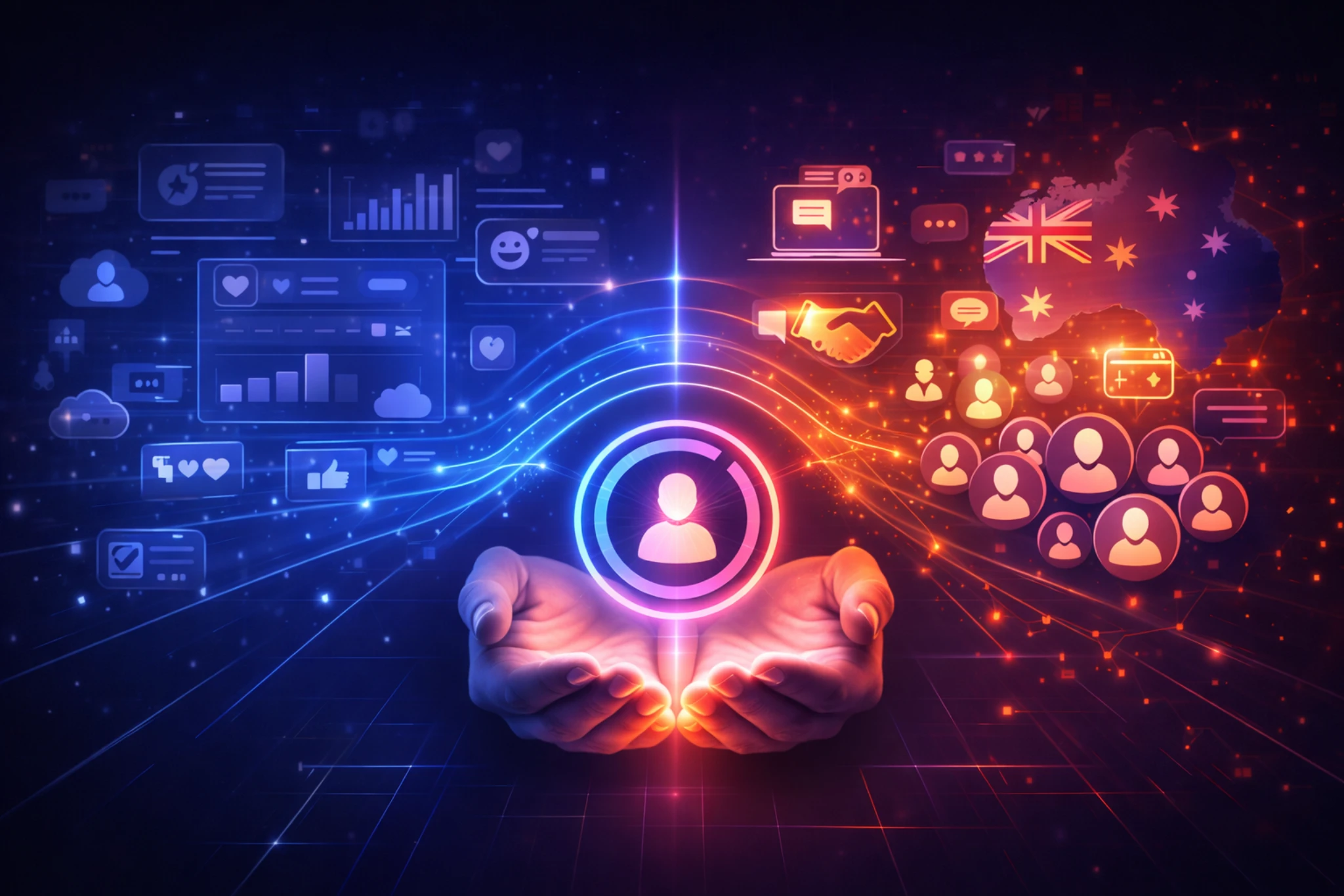 Australian social media strategy shifting from visibility to value, showing digital audience targeting, engagement data, and community growth.