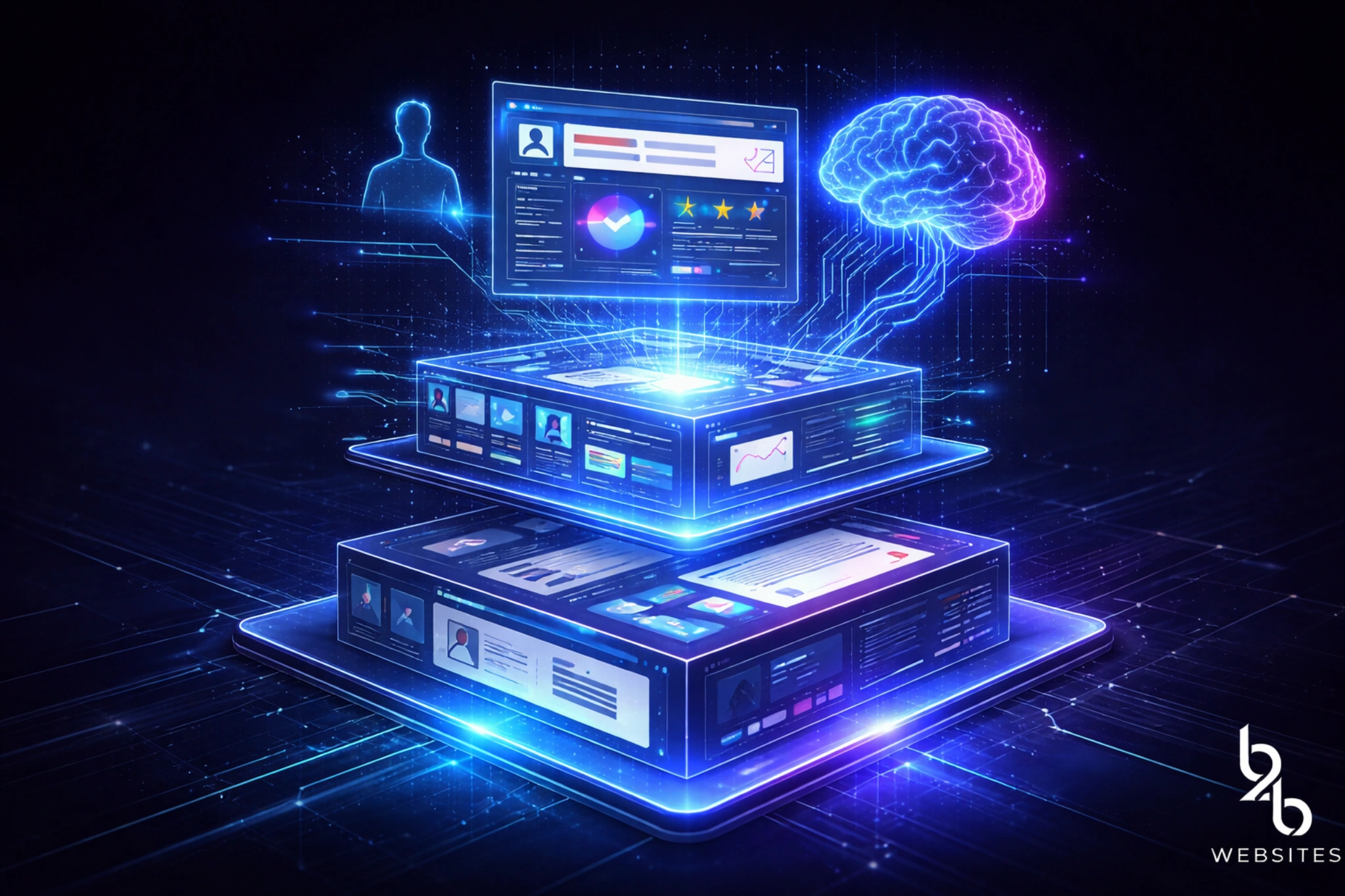 Layered website architecture connected to AI system, illustrating a website maturity model evolving for humans and AI.