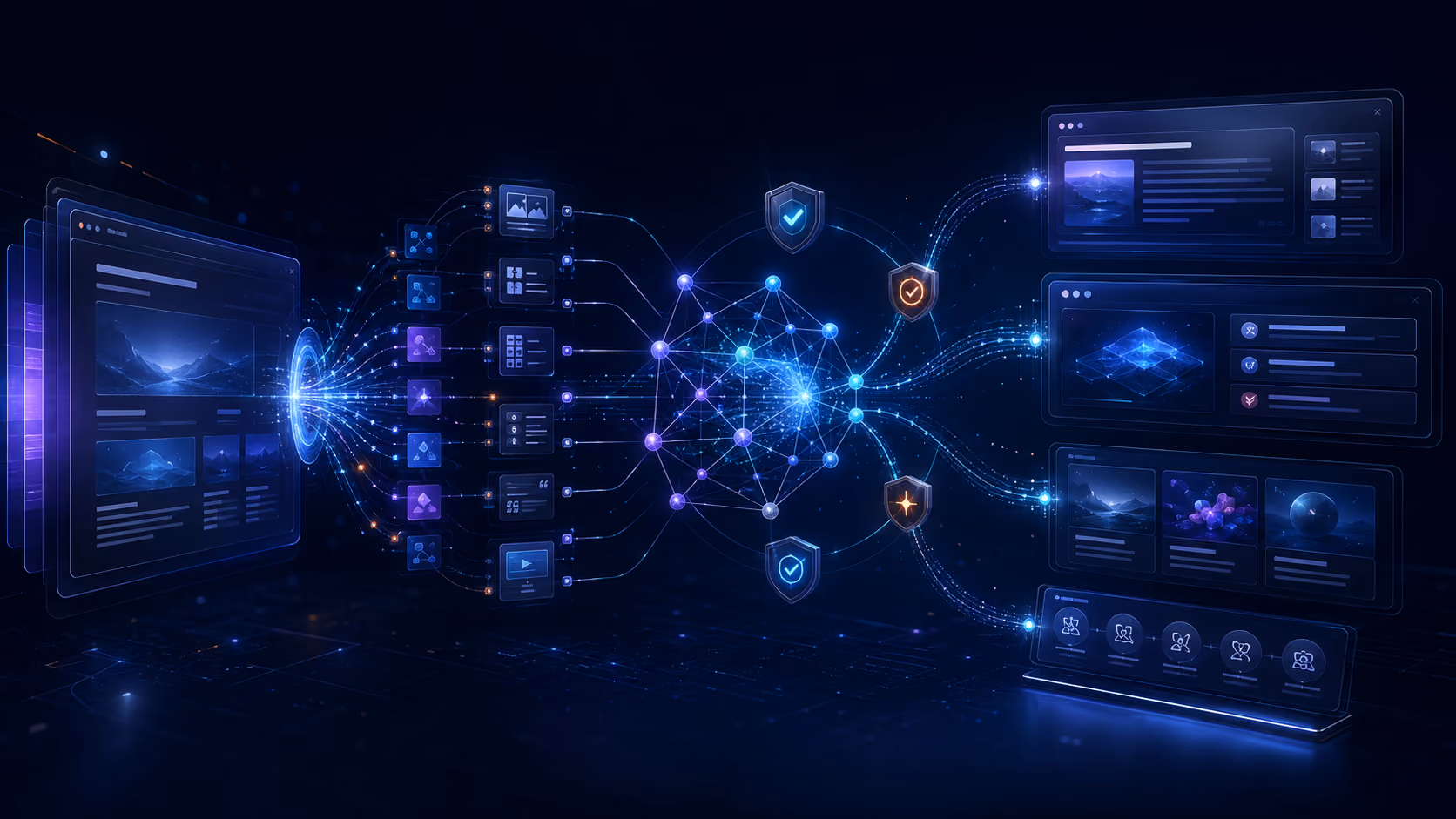 Website information passing through structured AI interpretation and trust signals into multiple discovery experiences.