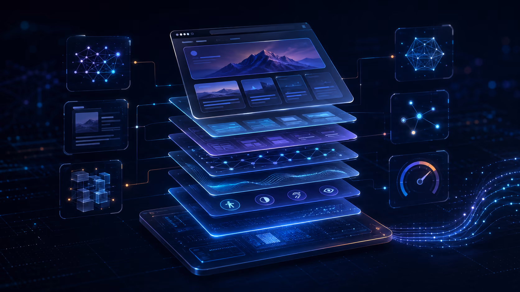 Layered illustration showing the content, structure, accessibility and technical foundations of an AI-ready website.