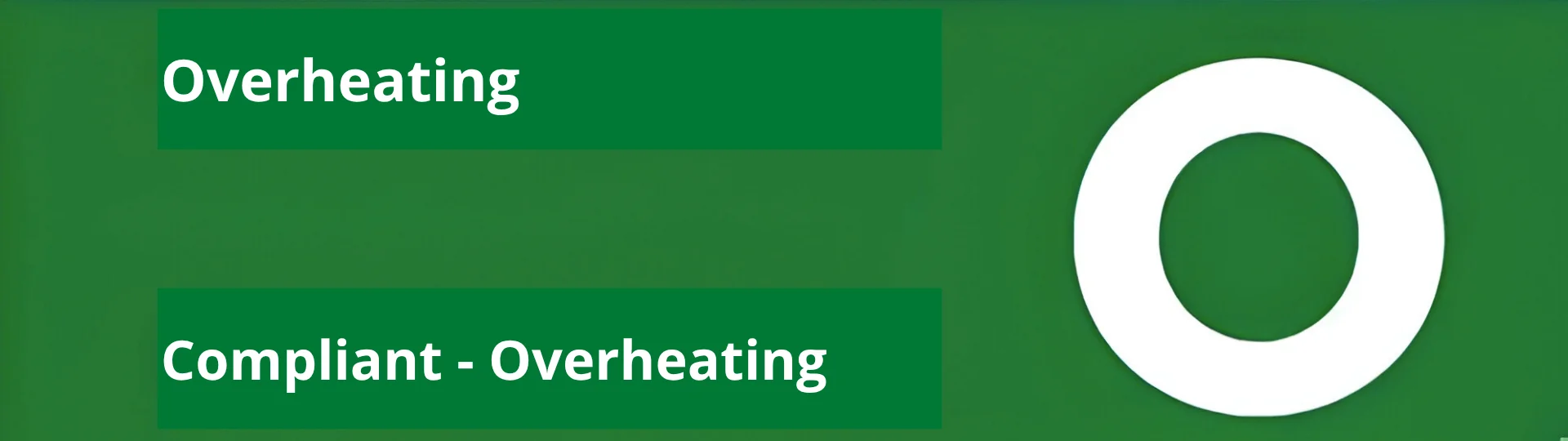 Green background with text 'Overheating' and 'Compliant - Overheating' alongside a large white circle symbolizing compliance.