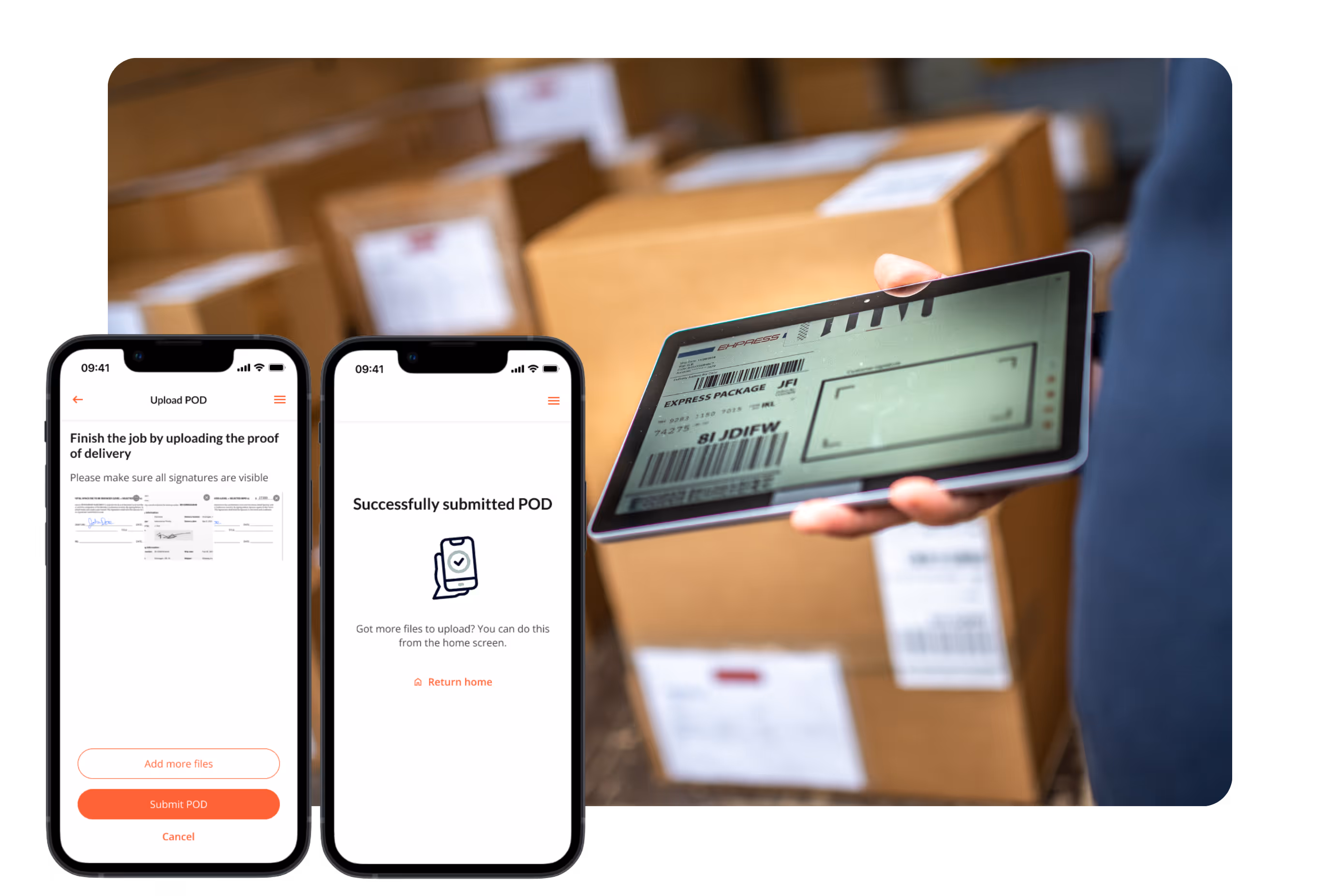 Delivery person holding out a mobile phone for the recipient to sign for proof of delivery.