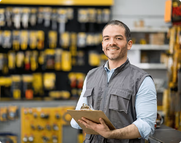 miling female logistics manager standing in a warehouse, holding a clipboard and overseeing operations.