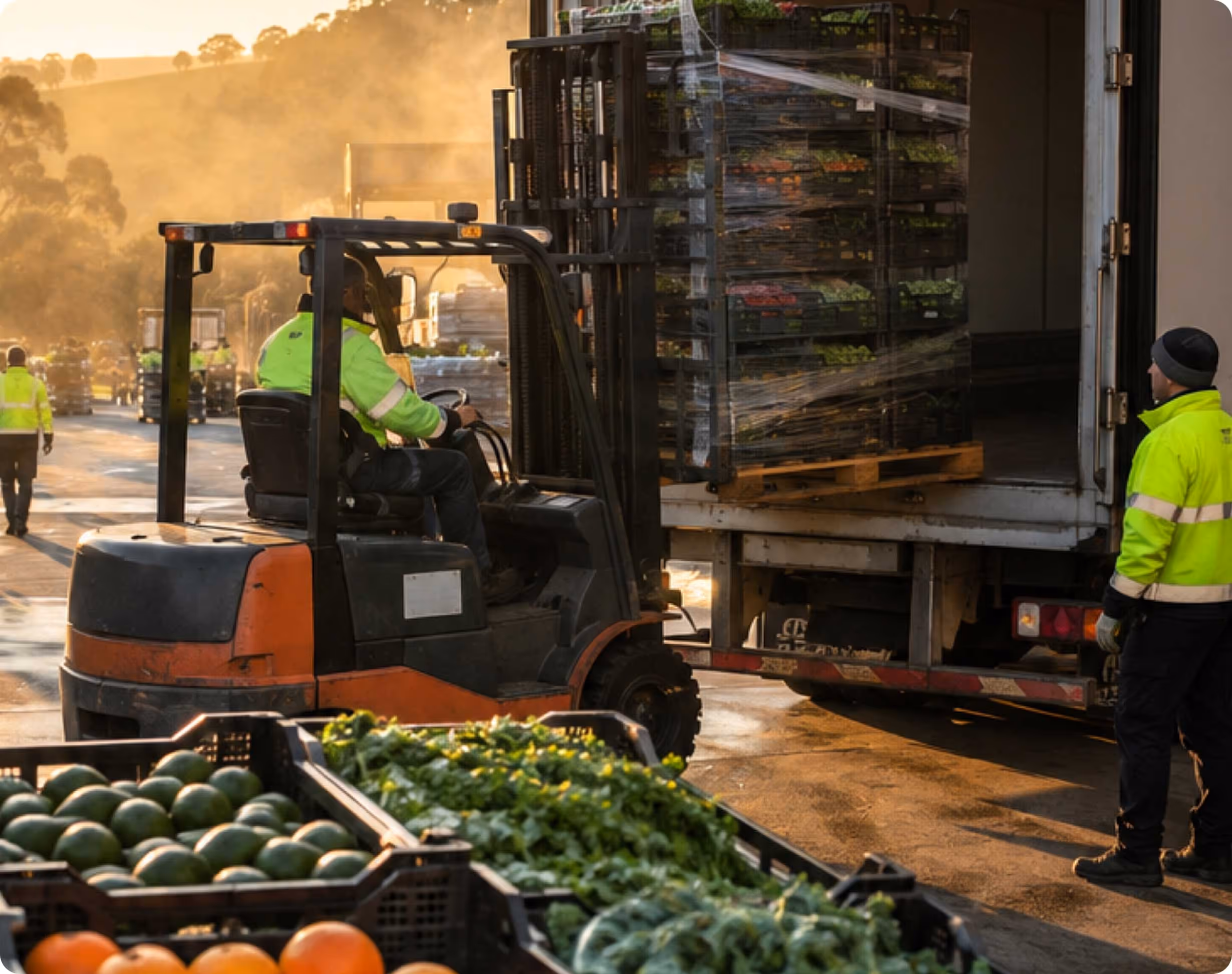 Truck staff loading produce to the back of the truck