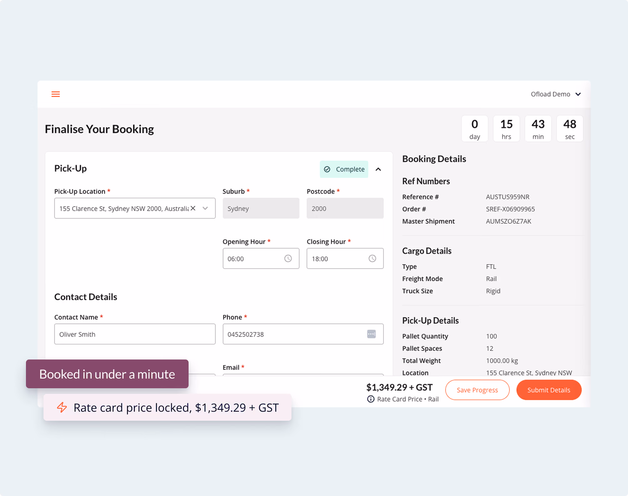 Ofload Platform Booking form