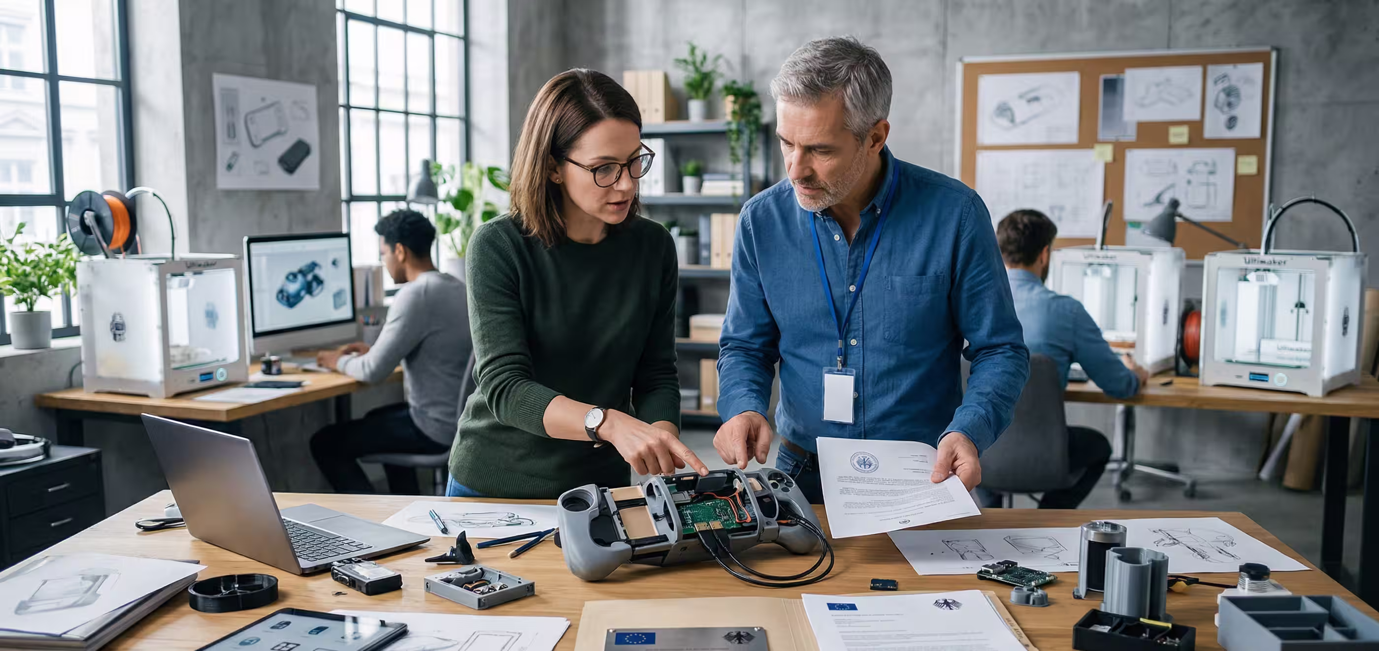 Engineers and designers collaborating on product development supported by design funding.