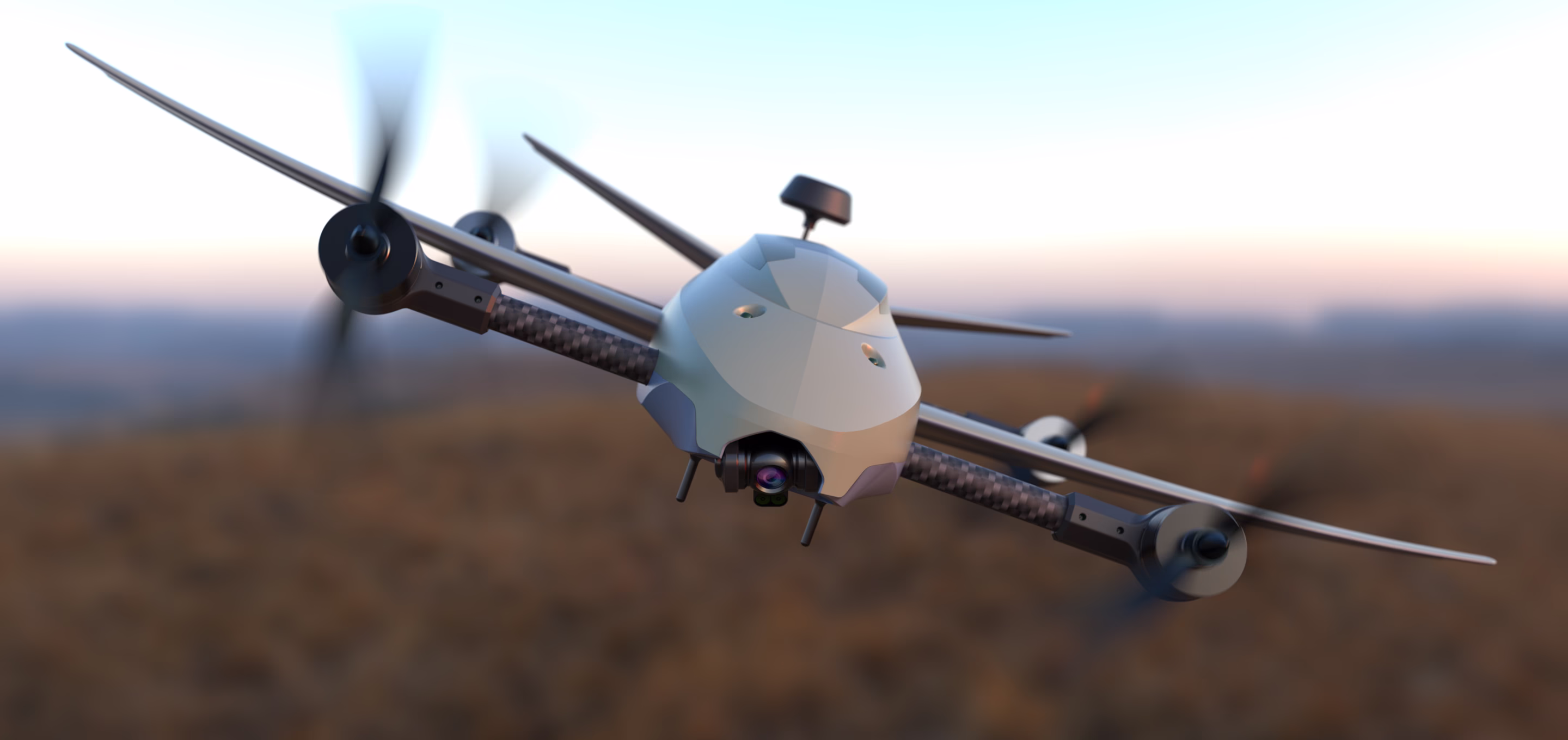 Endura Scout im Steigflug vor Himmel, VTOL-Aufklärungsdrohne mit vier Rotoren und Tragflächenpaaren