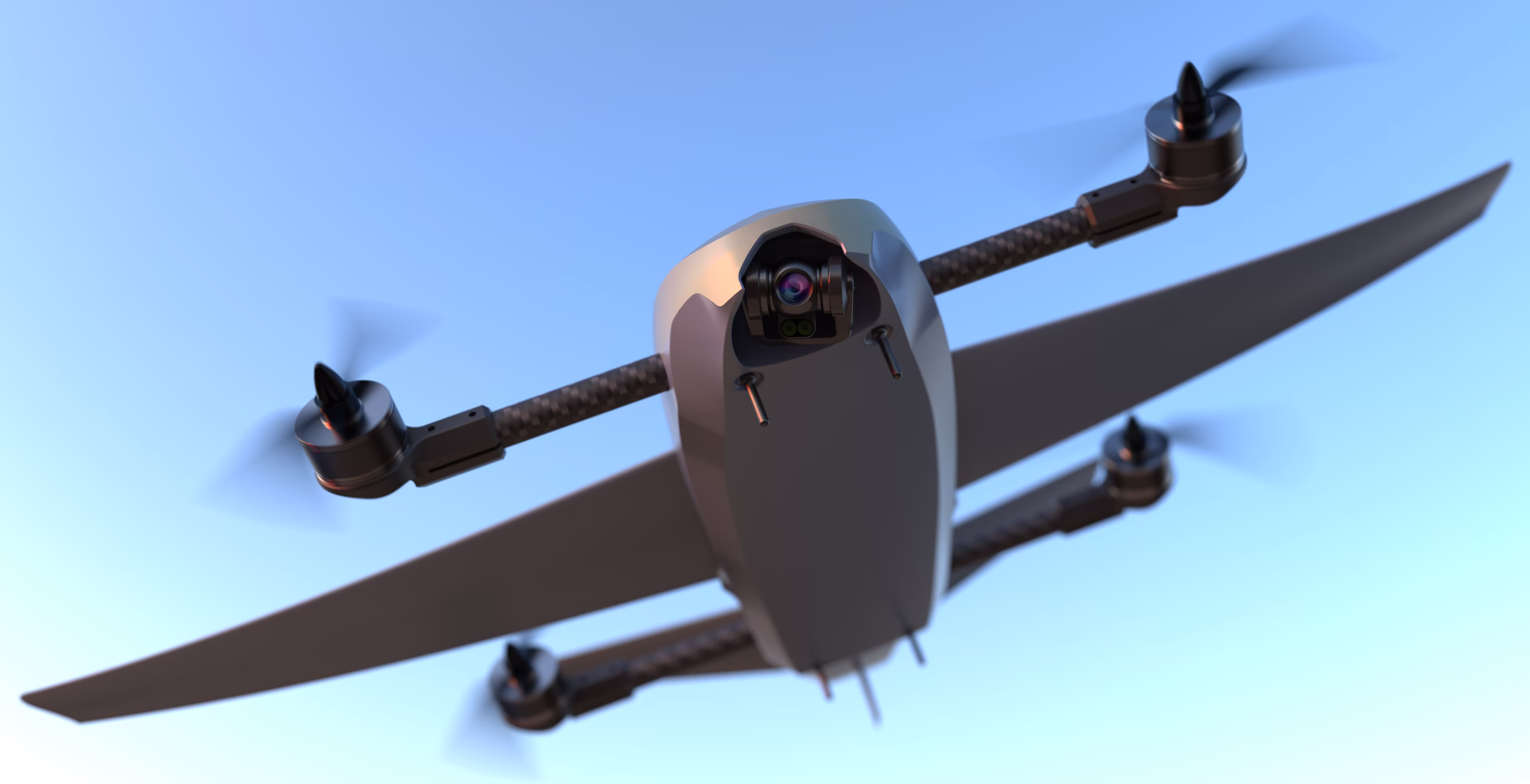 Nahaufnahme des Endura-Scout-Bugs mit gimbal-gelagerter Kamera und schmaler Tragflächenkontur