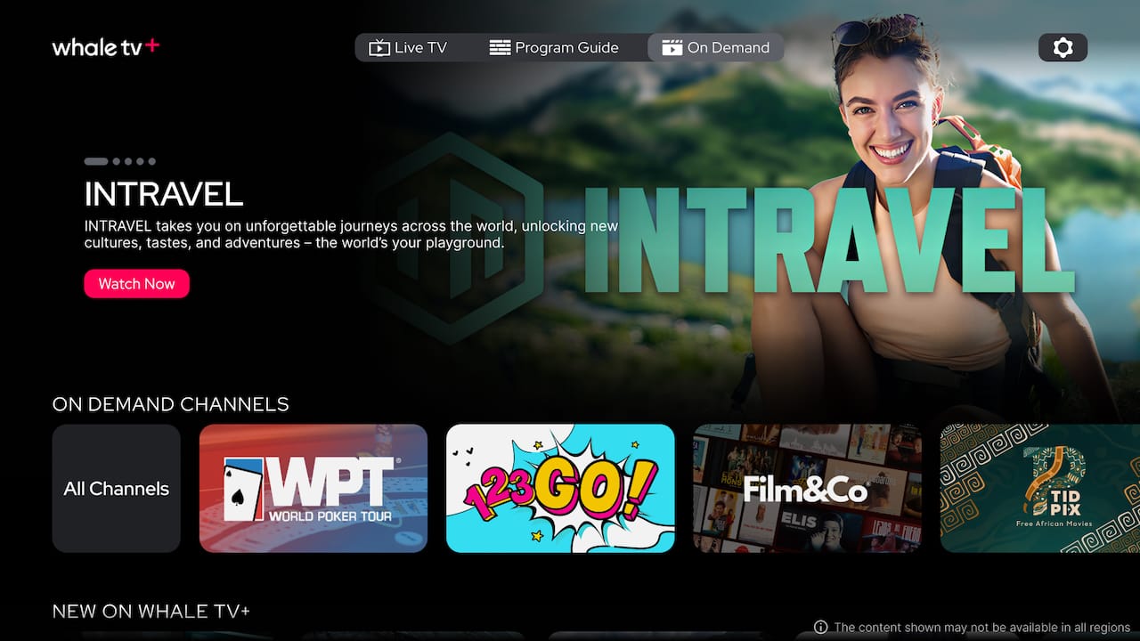 A TV screen showing the on demand section of the Whale TV+ app.