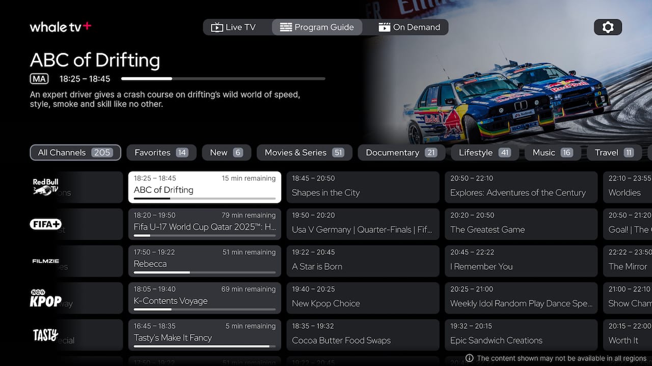 A TV screen showing the program guide of the Whale TV+ app.