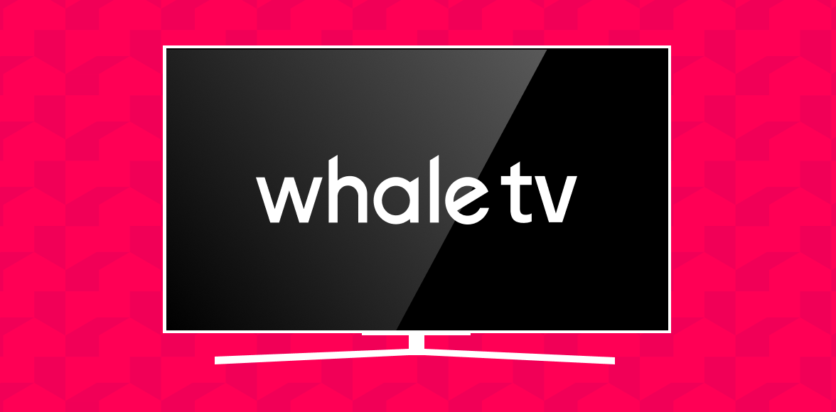 Modern flat-screen TV on red geometric background displaying 'whale tv' text on screen.