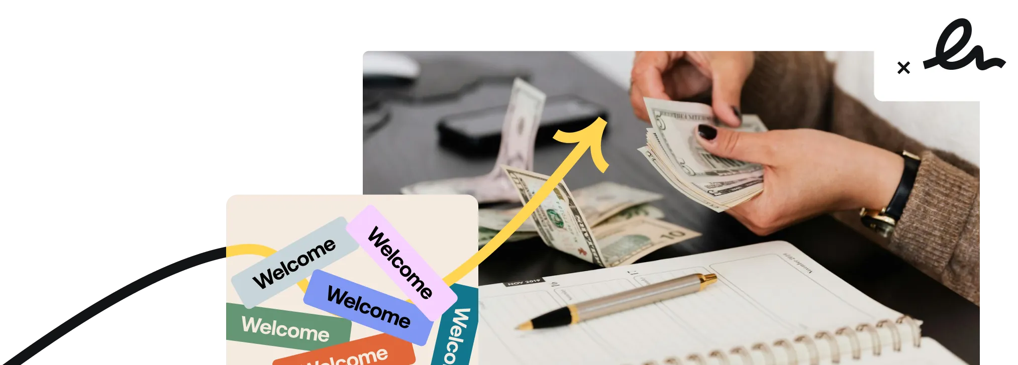 A person with black painted nails is counting money (hands, money, notebook and pencil are visible)