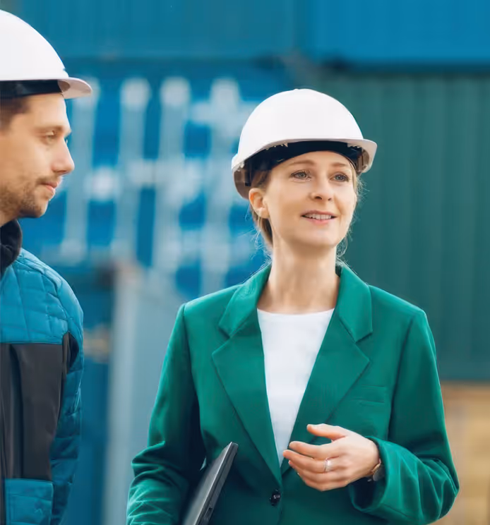 To arbeidere, en kvinne i hvit hjelm og grønn blazer og en mann i blå jakke, ser ut til å engasjere seg i en diskusjon eller inspeksjon på et industrielt anlegg.