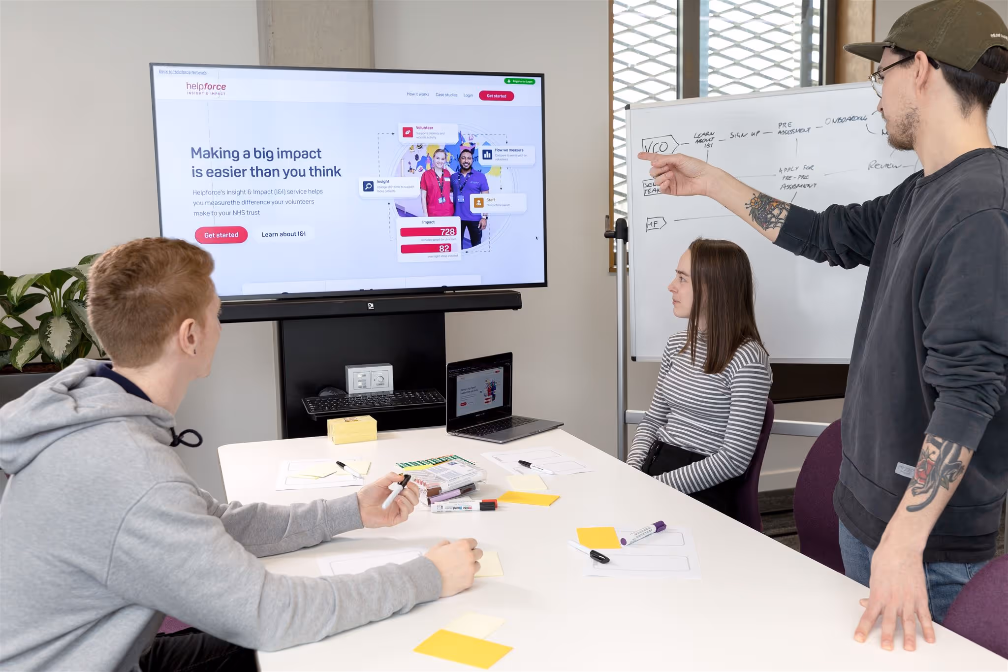 People looking and pointing at a large screen, analysing a design