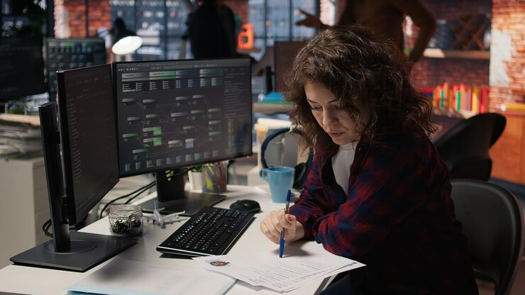 IT specialist reviewing documents at a workstation with monitoring dashboards