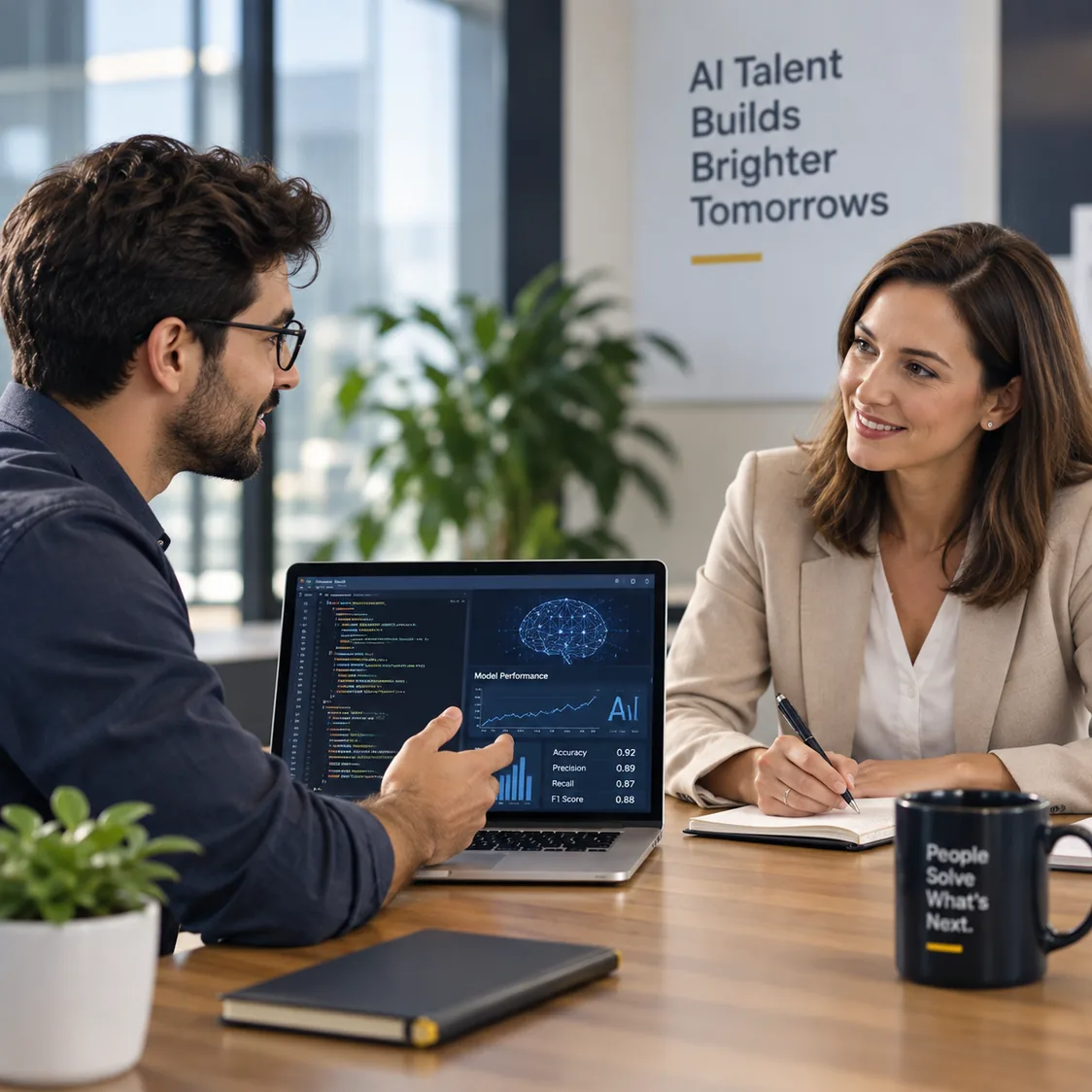Silver Tree recruiter meeting a candidate across a desk with a laptop showing AI model metrics