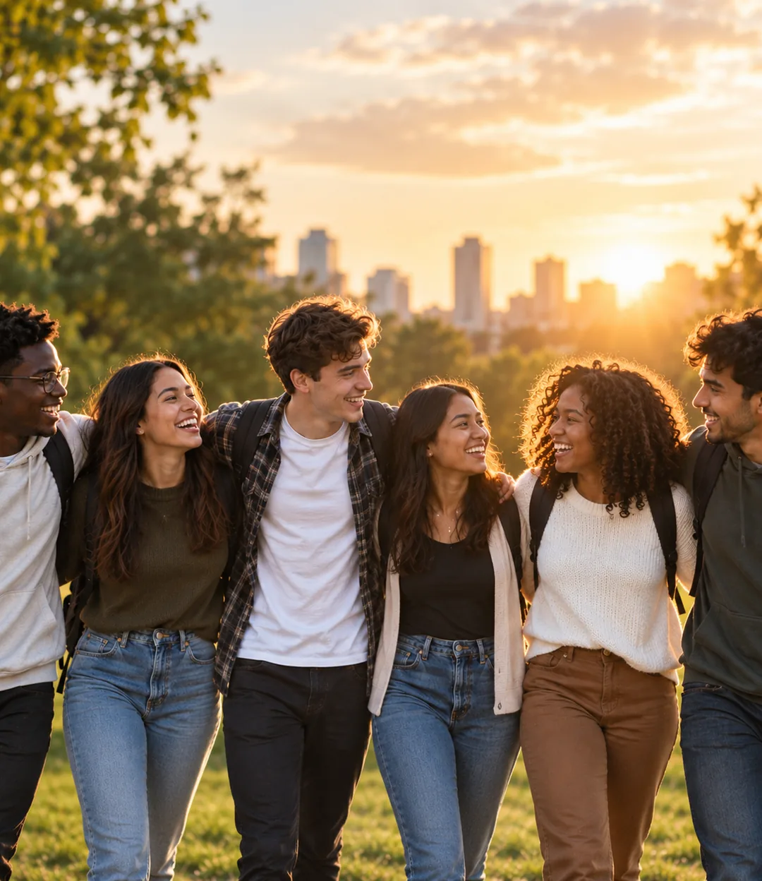 Group of smiling young people walking together outdoors at sunset