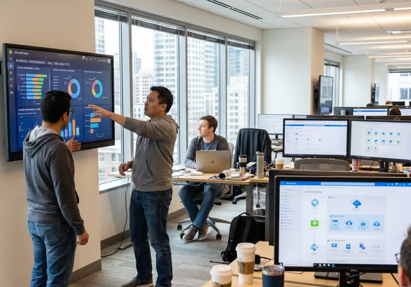 Colleagues discussing an AI dashboard on a large wall screen in an open office