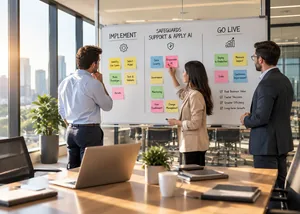 Team planning an AI rollout at a whiteboard covered in notes