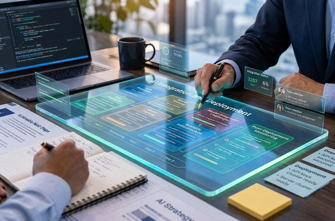 Executives reviewing printed charts of measurable outcomes at a desk