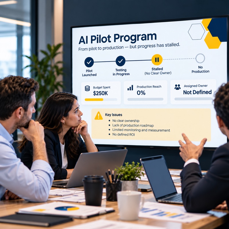 Team reviewing a stalled AI pilot program on a meeting room screen